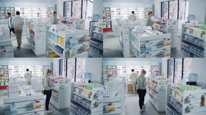 药房药店: 多种多样的多民族顾客浏览，从收银台的专业药剂师那里购买药品，药品，维生素，补充剂，保健品