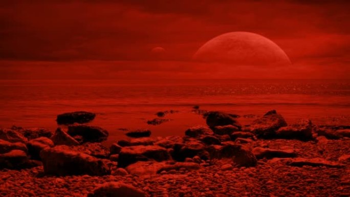 外星红色风景与两个月亮和大海