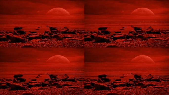 外星红色风景与两个月亮和大海