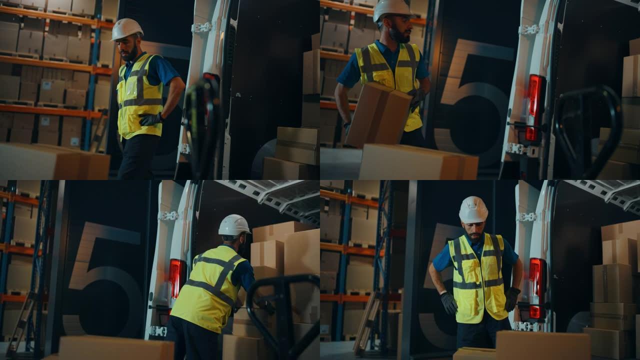 英俊的拉丁男工人把纸箱装进送货卡车。交付在线订单，电子商务商品，食品，药品供应。疲惫的前线英雄做工作
