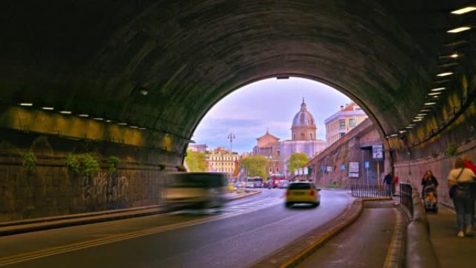 通往罗马的城市之路。创意，教堂，隧道。