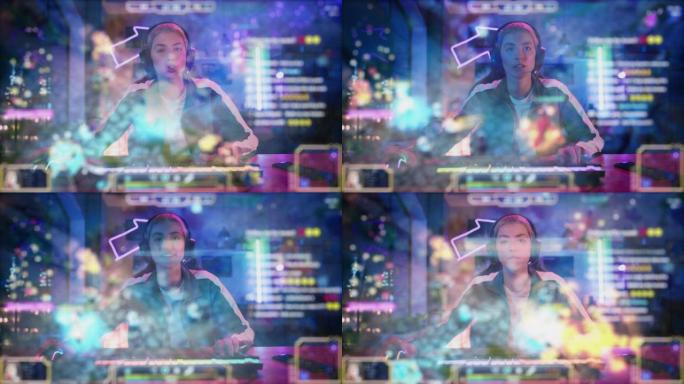 从屏幕角度看视点，前景是动画MMO视频游戏。时尚的女性玩家在家里的电脑上玩在线多人战略锦标赛。
