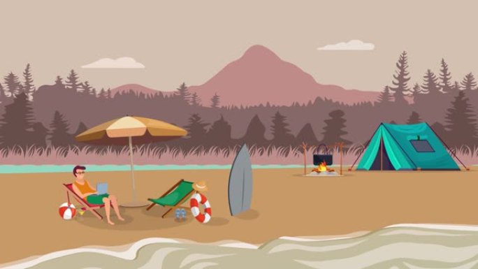 夏季概念。山景帐篷和消防动画。海，沙概念。年轻人在海滩上休息和度假的视频。可循环元素，4k分辨率。