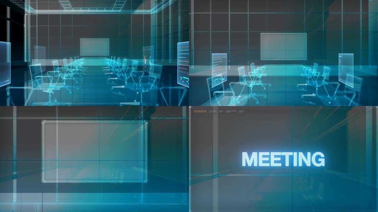 会议室，头脑风暴，向前移动的摄像机，前面的白板打错了“Meeting”。4 k动画。