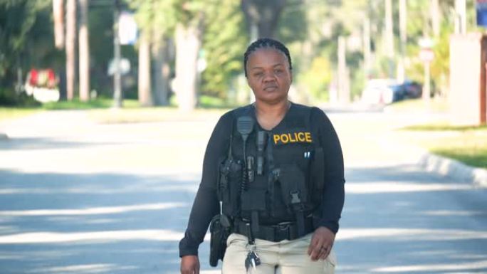 非裔美国女警在社区中行走