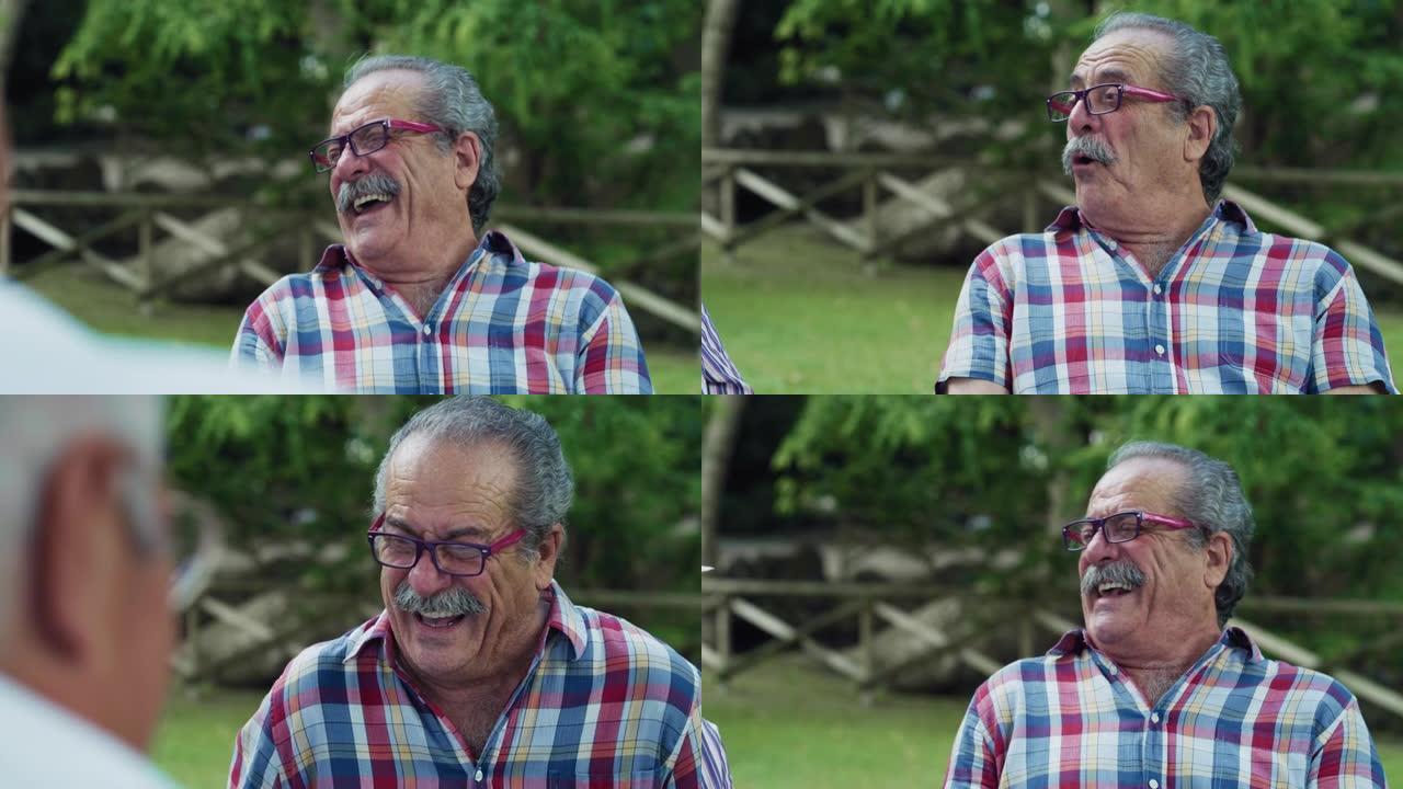 一个富有表现力的开朗老人的肖像，在绿色公园里嘲笑他朋友的笑话。老男性公民在听有趣的轶事时咯咯地笑着，