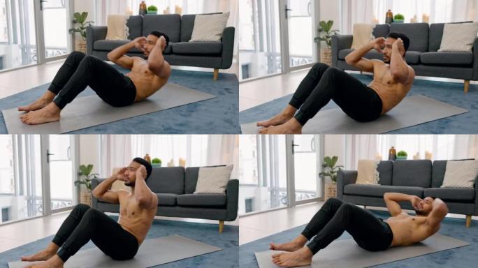 健身，仰卧起坐和在他的家中训练，在公寓地板上锻炼腹部，腹部和强壮的腹部肌肉。健美操，健康和年轻的运动