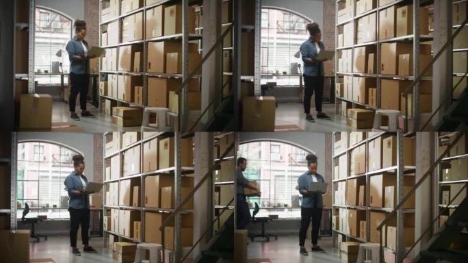 小企业主用笔记本电脑在装满货架的零售仓库里检查库存和库存。在物流、网店配送中心工作。