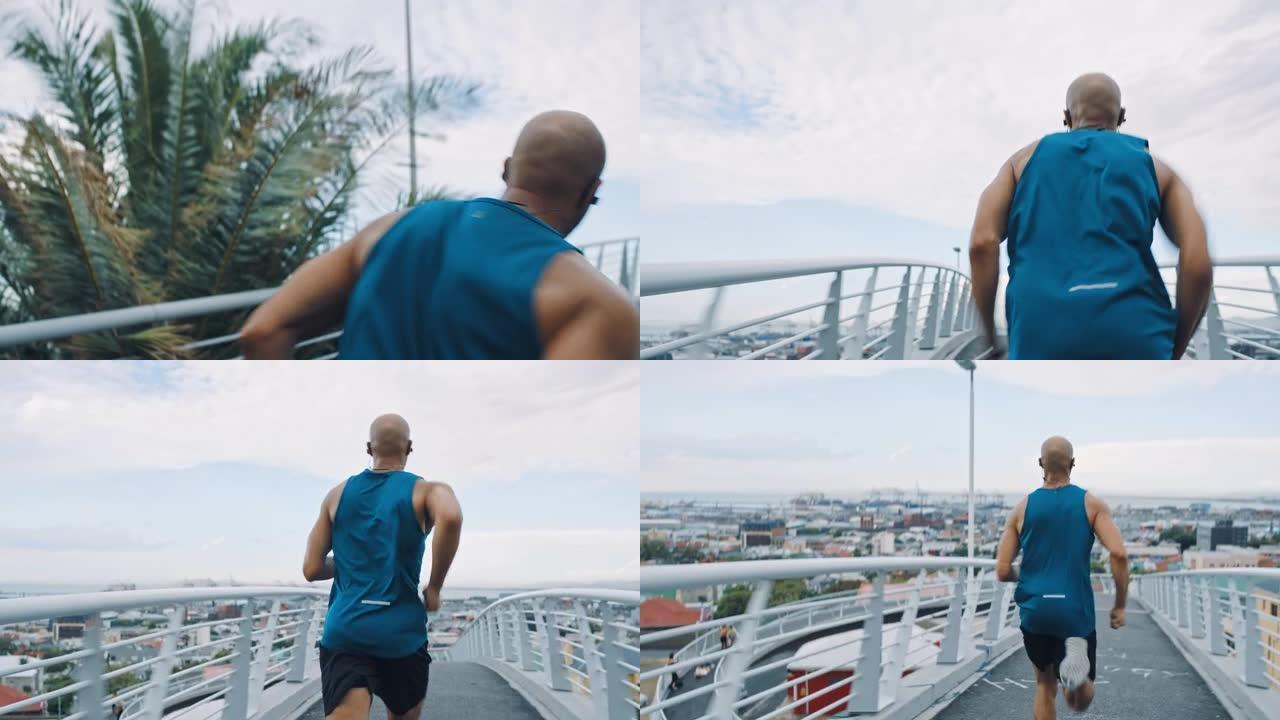 城市桥梁，跑步和黑人运动员进行健身，训练和运动能量锻炼。跑步者，马拉松和健康锻炼有动力的男人在户外做