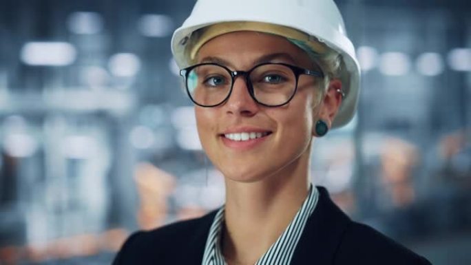 在汽车装配厂的办公室里，一位快乐微笑的年轻美丽的女工程师戴着眼镜和白色安全帽的肖像。在现代设施中从事