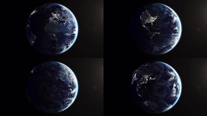 美丽的地球在太空中无缝旋转。夜晚城市的灯光，发光的日落循环3d动画。轨道卫星的逼真视图。商业和技术概