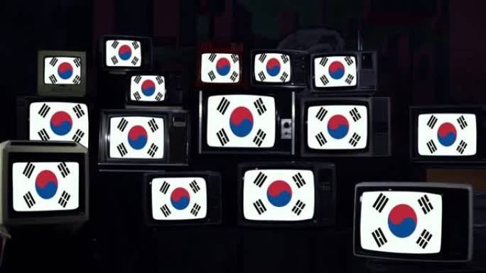 韩国国旗和复古电视。