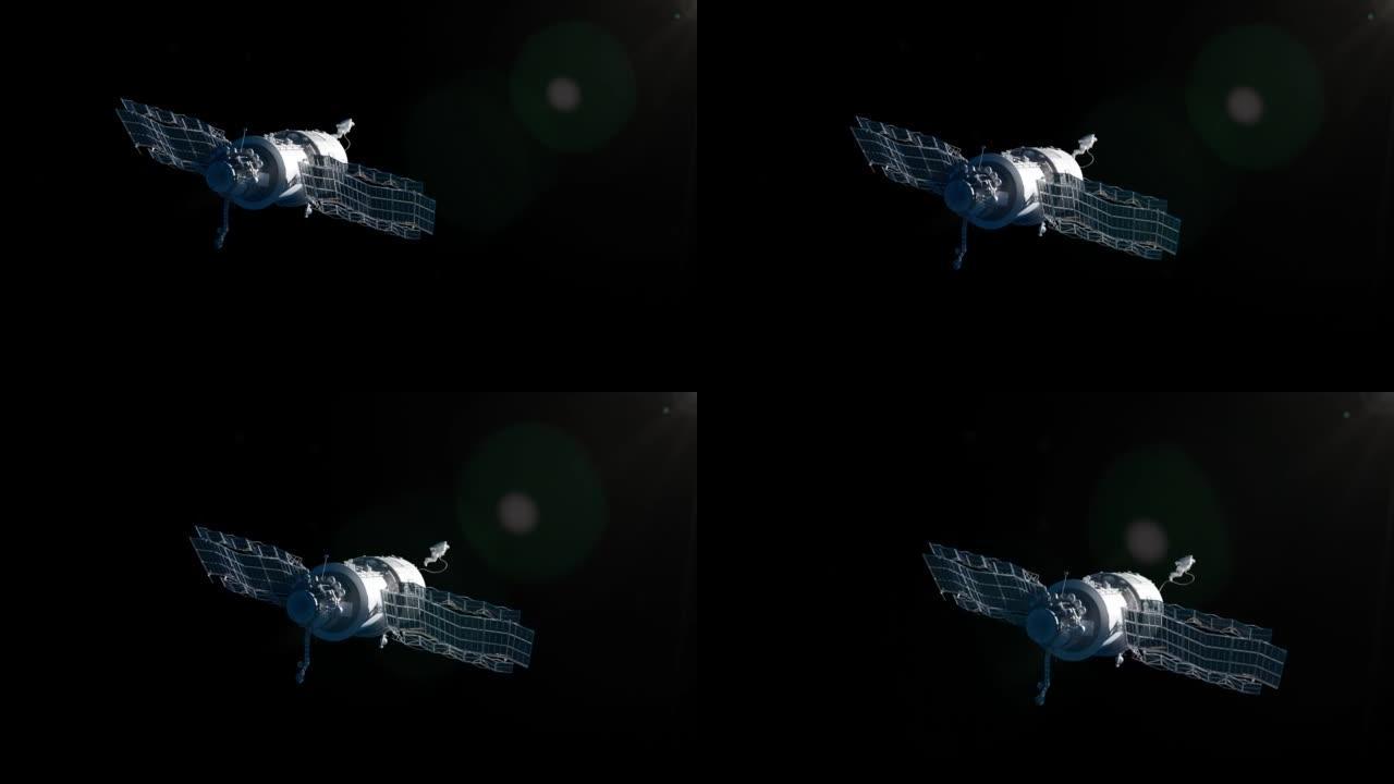 太空概念的黑色背景上的3D渲染卫星。卫星屏幕保护程序