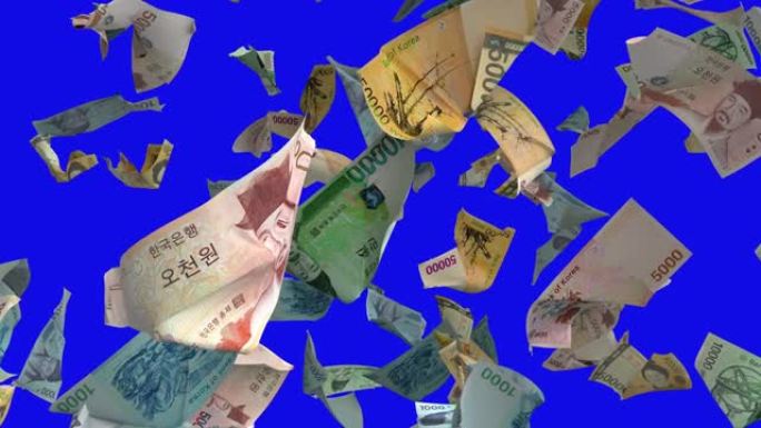 在蓝色色度键4k循环上掉落的韩国韩元钞票