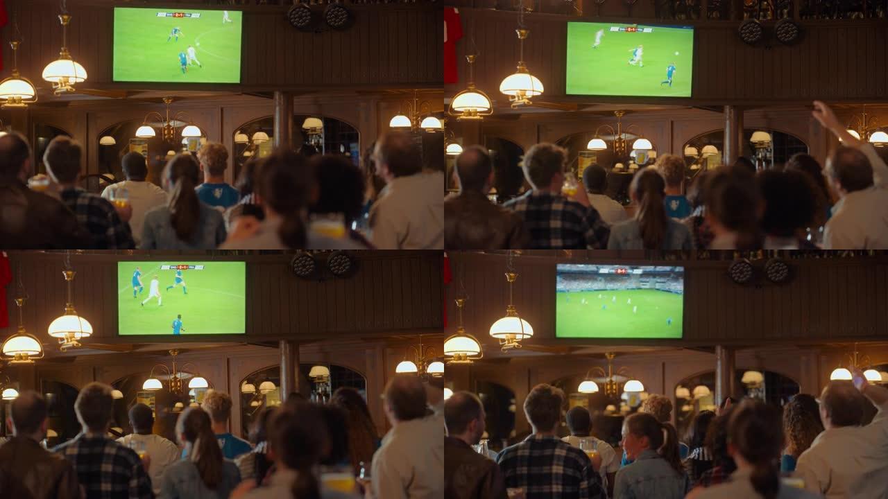 足球俱乐部成员为他们的球队欢呼，参加国际杯决赛。支持球迷站在酒吧里，欢呼，举手并大喊大叫。晚上在酒吧