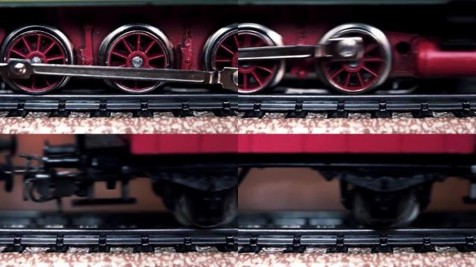 铁路轨道上的模型火车。低角度视图。放大。4k分辨率。