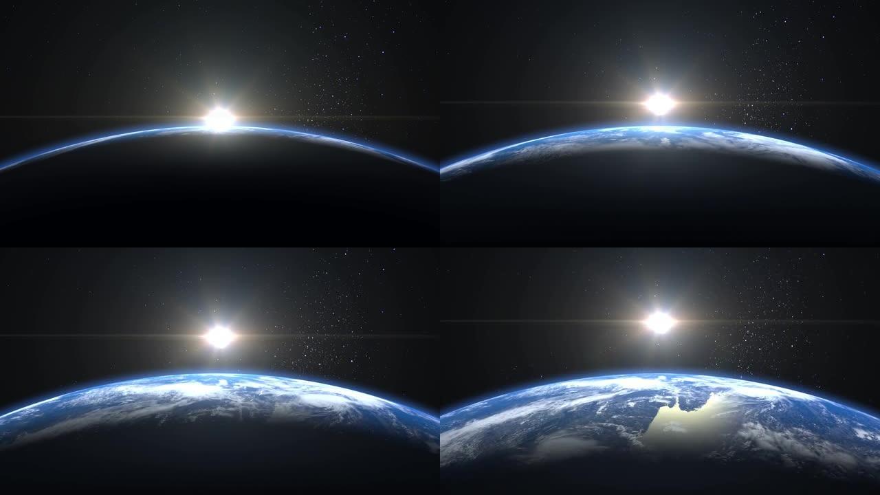 从太空日出。地球上空的日出。地球向太阳旋转。体积云。静态相机50毫米。星空。4K.星星闪烁。3d渲染