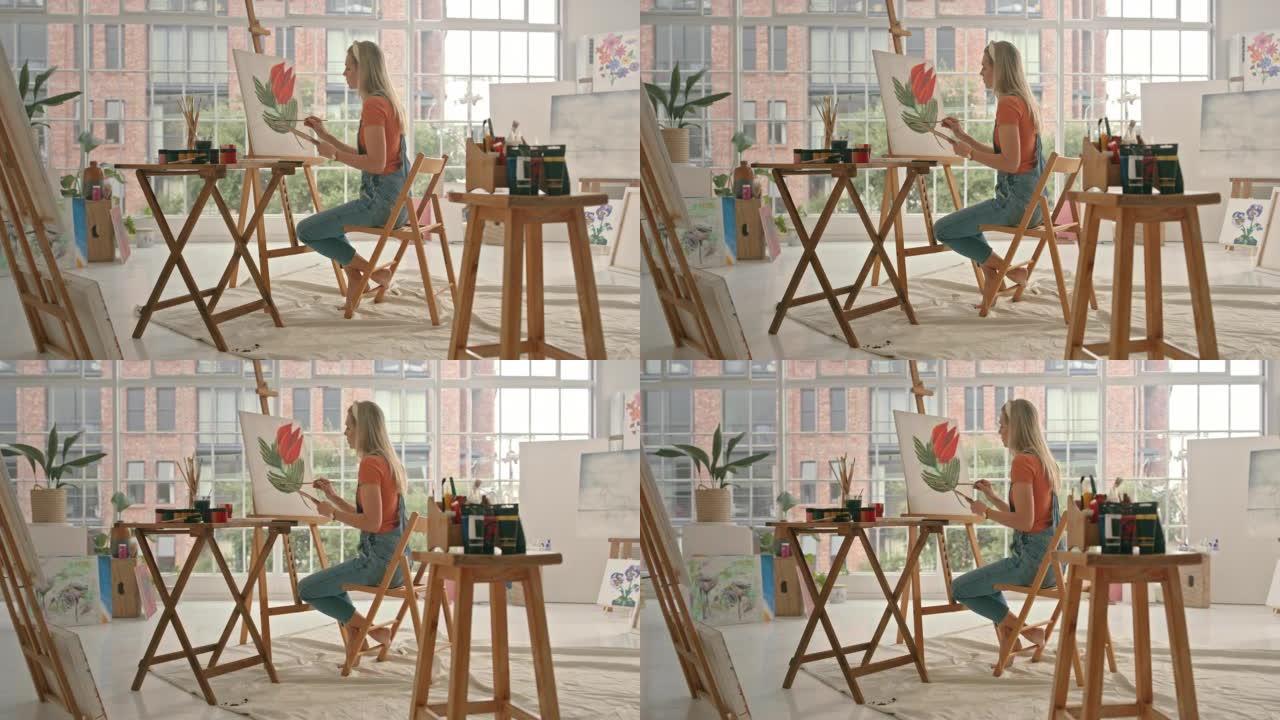 年轻的女画家在工作室的画布上绘画。艺术家在车间用画笔画一朵花。严肃的女人在僻静的商店里画玫瑰的图像