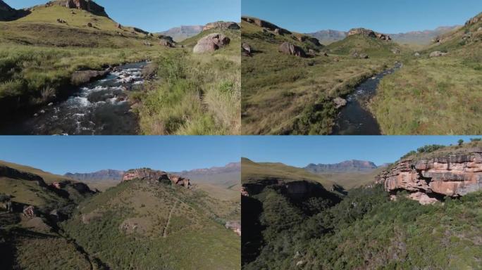 在南非夸祖鲁-纳塔尔省德拉肯斯堡巨人城堡的布希曼河上，空中飞行的POV
