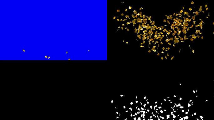 彩色五彩纸屑在4k的屏幕侧面爆炸，带有分开的Alpha通道和蓝色