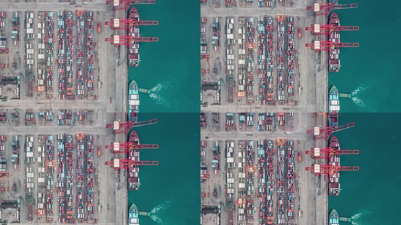 集装箱船繁忙工业港口的T/L泛无人机视点