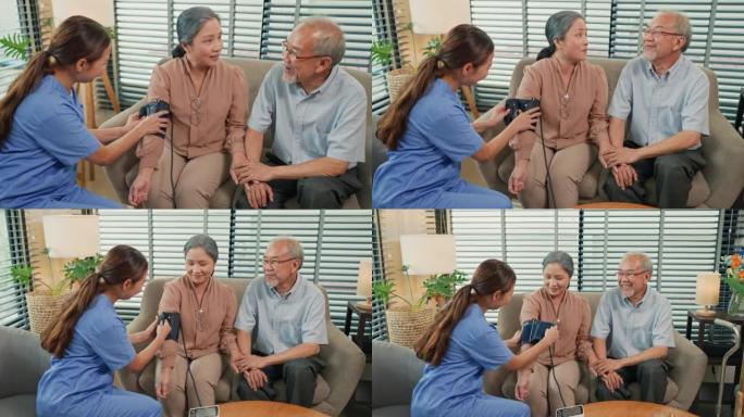 Asian elderly couple doing health check at home wi