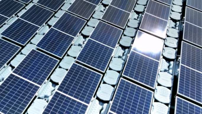 浮式太阳能电池板获得阳光可再生能源概念的鸟瞰图