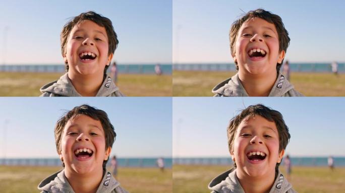 笑脸，来自佛罗里达州海边的孩子和男孩肖像，准备在户外玩耍。暑假时孩子的漫画，幸福和微笑在海洋中感受到