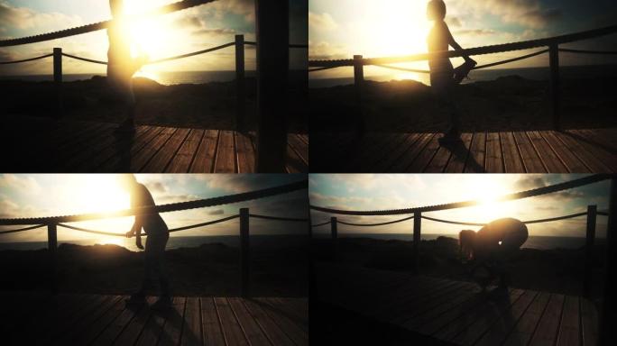 日落时，无法辨认的健美女运动员在木板路上伸展的手持镜头