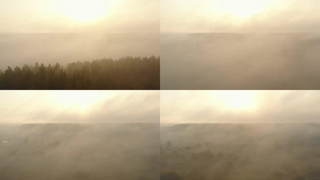 在阴天的夏日黎明，无人驾驶飞机缓缓飞过神秘的日出雾谷，树木和河流覆盖着浓雾。
