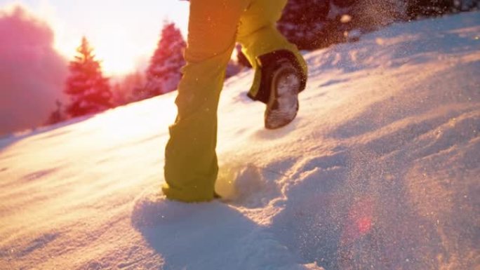 低角度: 无忧无虑的男性游客在日出时在新鲜的粉末雪中奔跑。