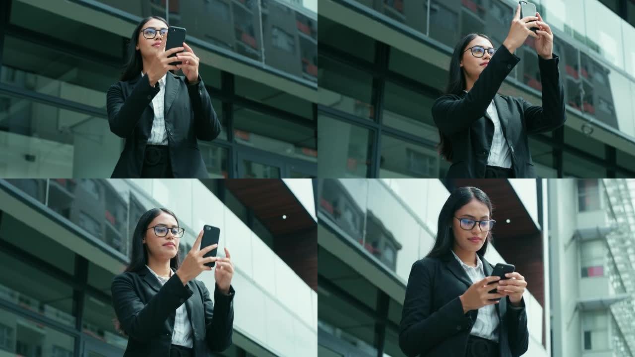 一名年轻女商人在上班途中拍照的4k录像