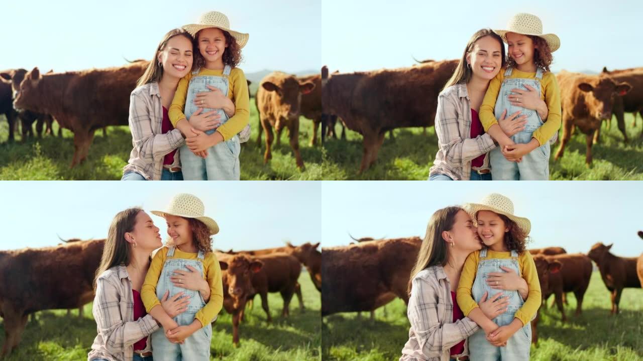在西班牙度假期间，为了养牛的可持续性，在农场上与孩子和母亲接吻。快乐，微笑和带着爱旅行的妈妈和女孩的