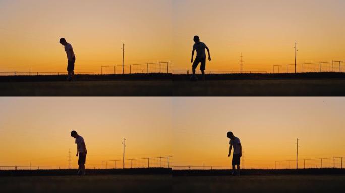 慢动作男孩在黄昏时在野外展示足球技巧