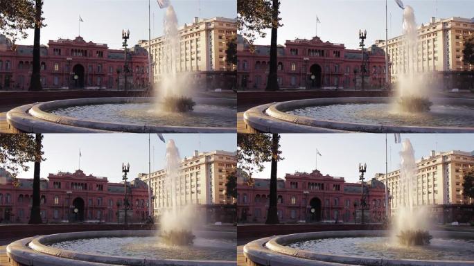 阿根廷布宜诺斯艾利斯梅奥广场卡萨罗萨达粉红屋外喷水池。4k分辨率。