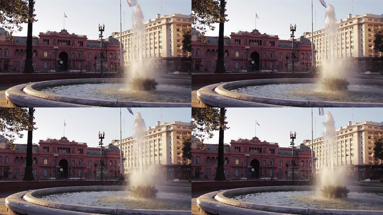 阿根廷布宜诺斯艾利斯梅奥广场卡萨罗萨达粉红屋外喷水池。4k分辨率。