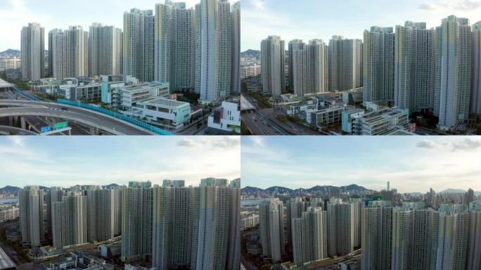 香港无人机拍摄的空中九龙概览日落日