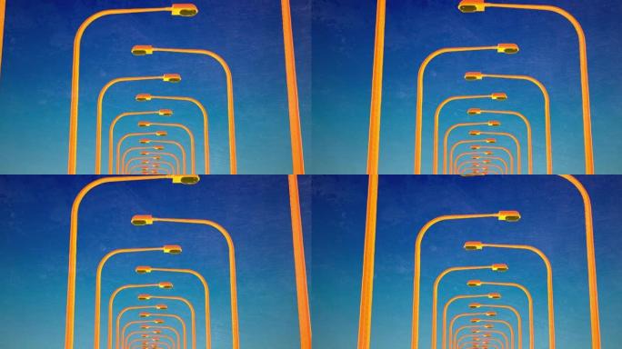 摄像机穿过黄色路灯柱。抽象三维动画。