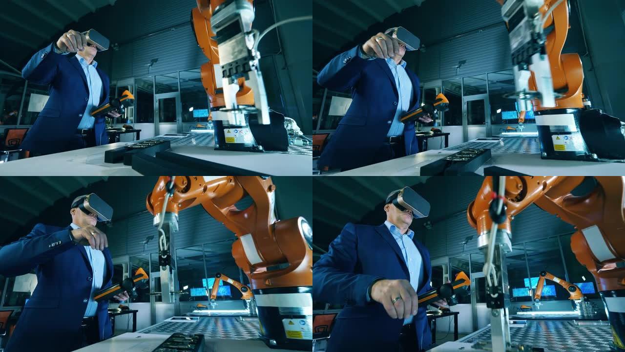 工业机器人复制工程师动作的低角度视图。VR，未来派，虚拟现实概念。