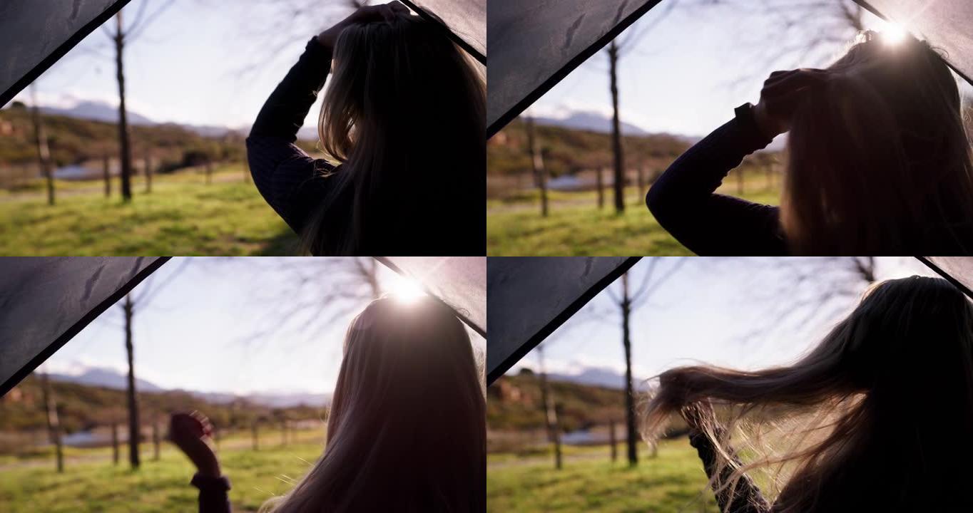 一名年轻女子坐在帐篷里的4k录像