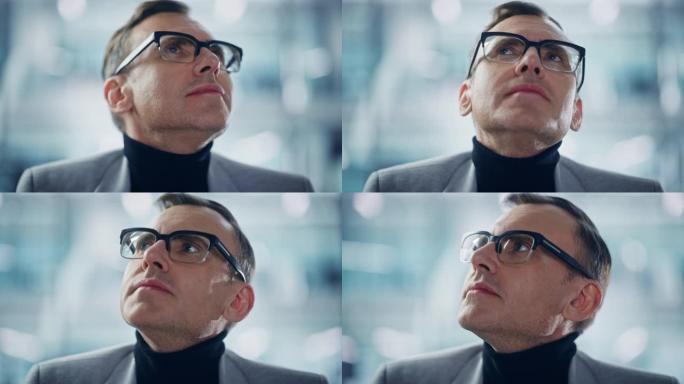 成功的中年白人男子戴着时尚眼镜四处张望的肖像。聪明的高管。数字企业家思考，寻找解决方案。抽象角度创意
