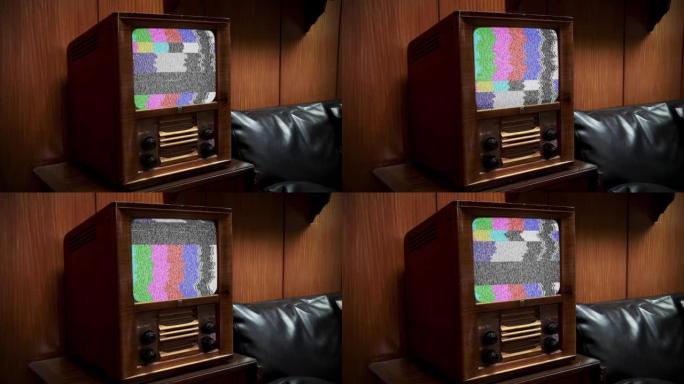旧20世纪50年代电视机打开屏幕，带有静电噪声和色条。特写。放大。4k分辨率。