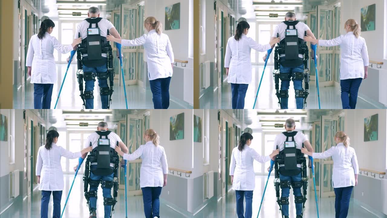 护士正在帮助残障患者穿着外衣行走