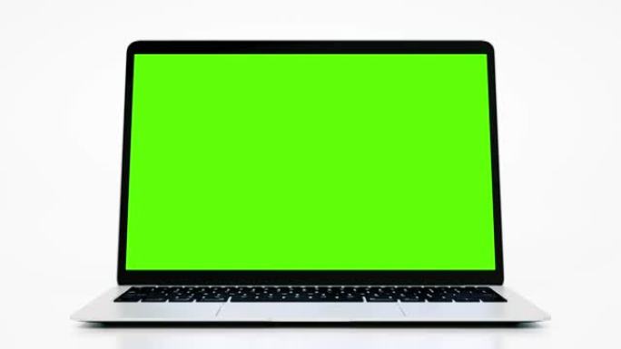 空的绿屏显示笔记本电脑，用于观看和粘贴背景电子商务博客或游戏应用程序。复制带有清晰色度键的3d电脑用
