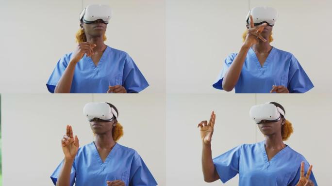 在医院使用VR耳机与AR技术互动的磨砂膏中的女护士或医生
