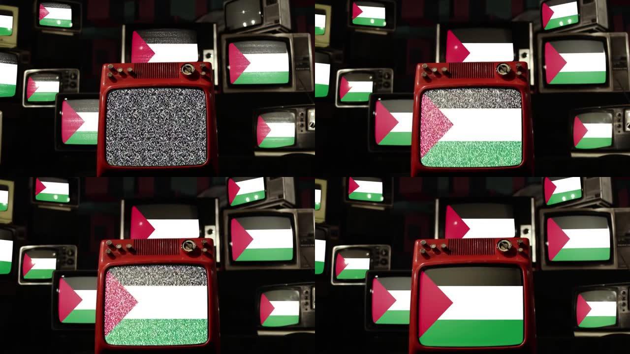 巴勒斯坦国旗和旧复古电视。4k分辨率。