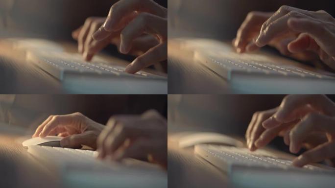 女人在电脑键盘上打字，特写