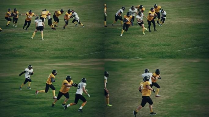 美式橄榄球场两支球队竞争: 成功的球员跳过防守跑得分。职业运动员为球而战，铲球，为胜利而战。宽镜头
