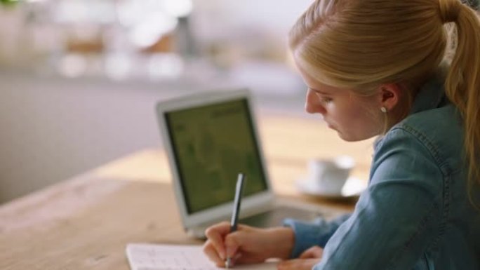 广告策划，笔记本电脑研究和妇女在笔记本上写笔记，以在办公室的办公桌上制定策略。创意创业员工在互联网上