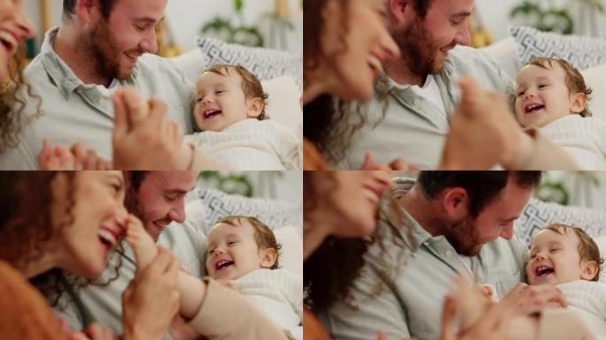 家庭，爱和母亲亲吻婴儿玩耍，在家庭中享受乐趣和纽带。感情，幸福和父母与新生婴儿一起笑，爸爸和妈妈挠痒